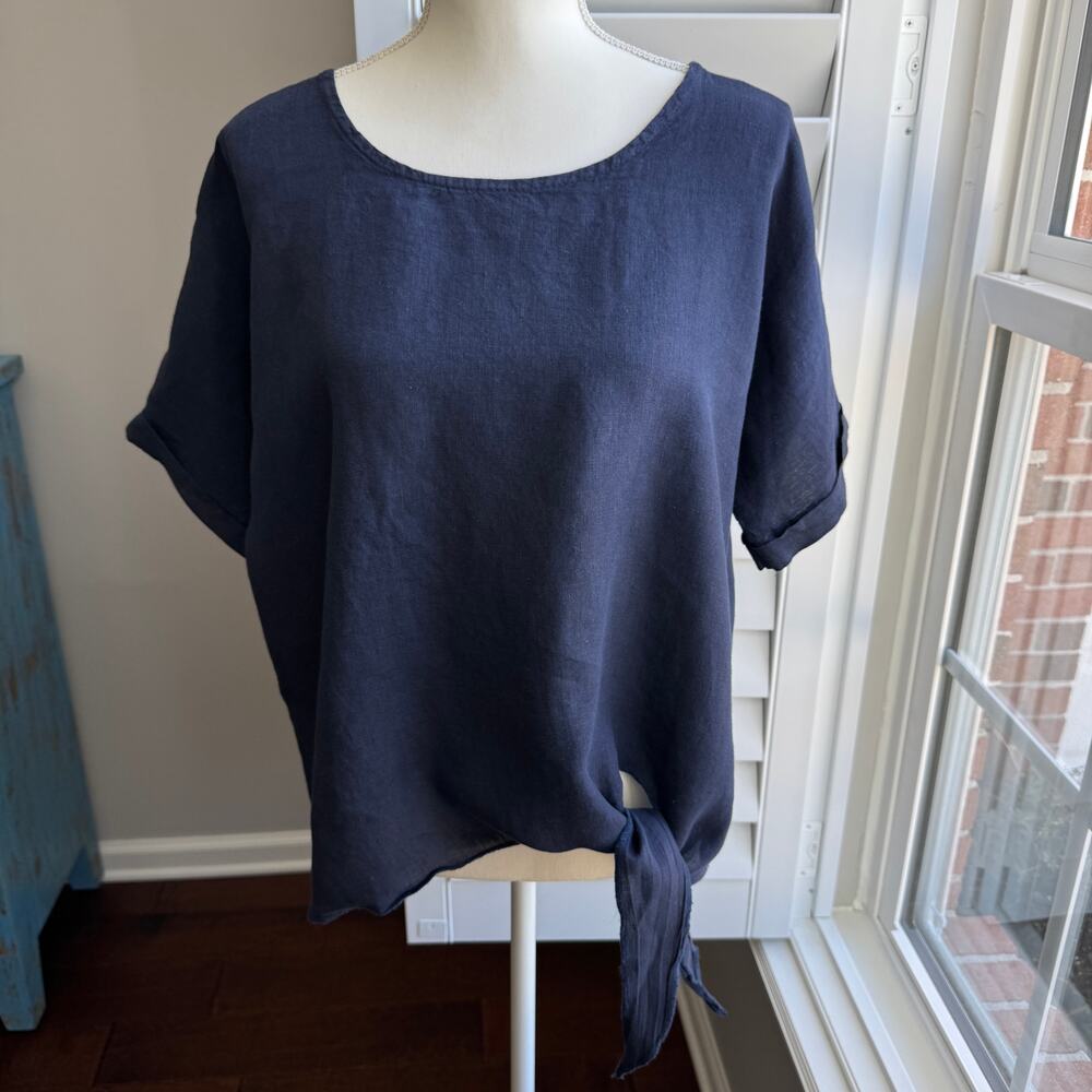 CHERISHH Top Womens Large Navy 100% Linen Front Tie Coastal Beachy Resort Wear - Picture 2 of 12